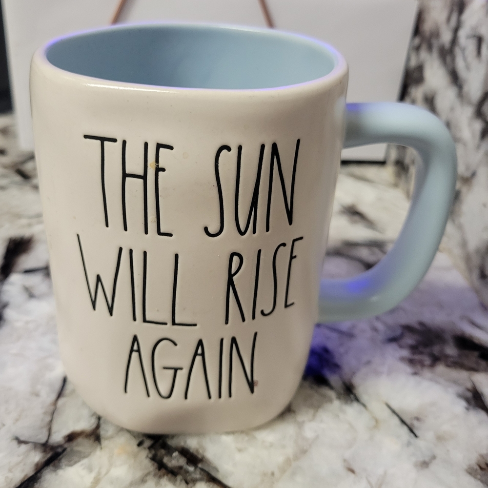 Rae Dunn "THE SUN WILL RISE AGAIN" Blue and White Mug
